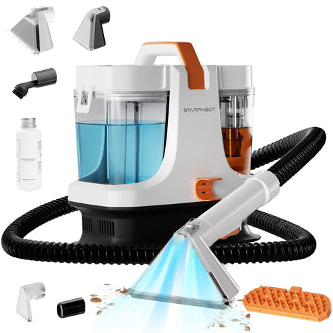 Starrybot portable carpet cleaner in white showing powerful suction for home stains