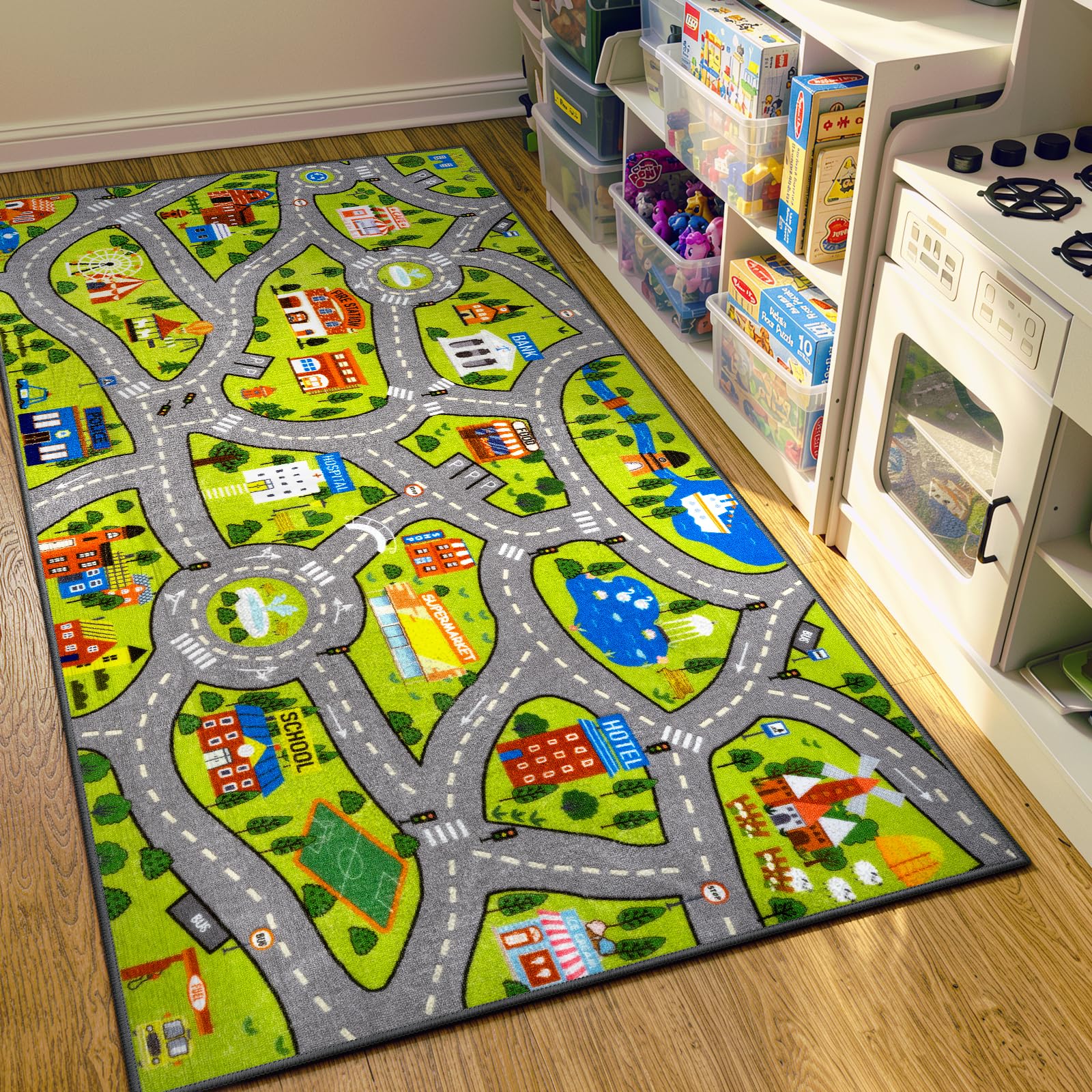 STARUIA Kids Car Rug shows city streets for imaginative play and learning.