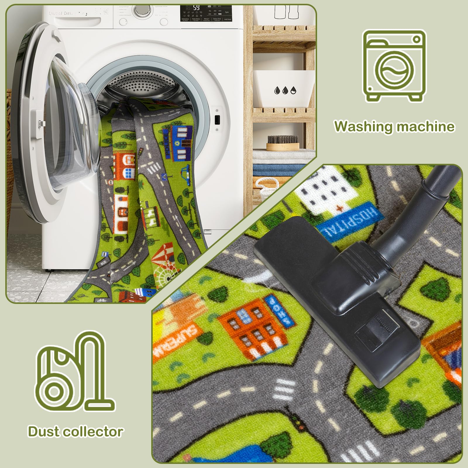 STARUIA Kids Car Rug supports early vocabulary with hospitals, schools, shops, and fire stations.
