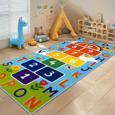 STARUIA Washable Hopscotch Rug Space Adventure front view promotes imaginative play