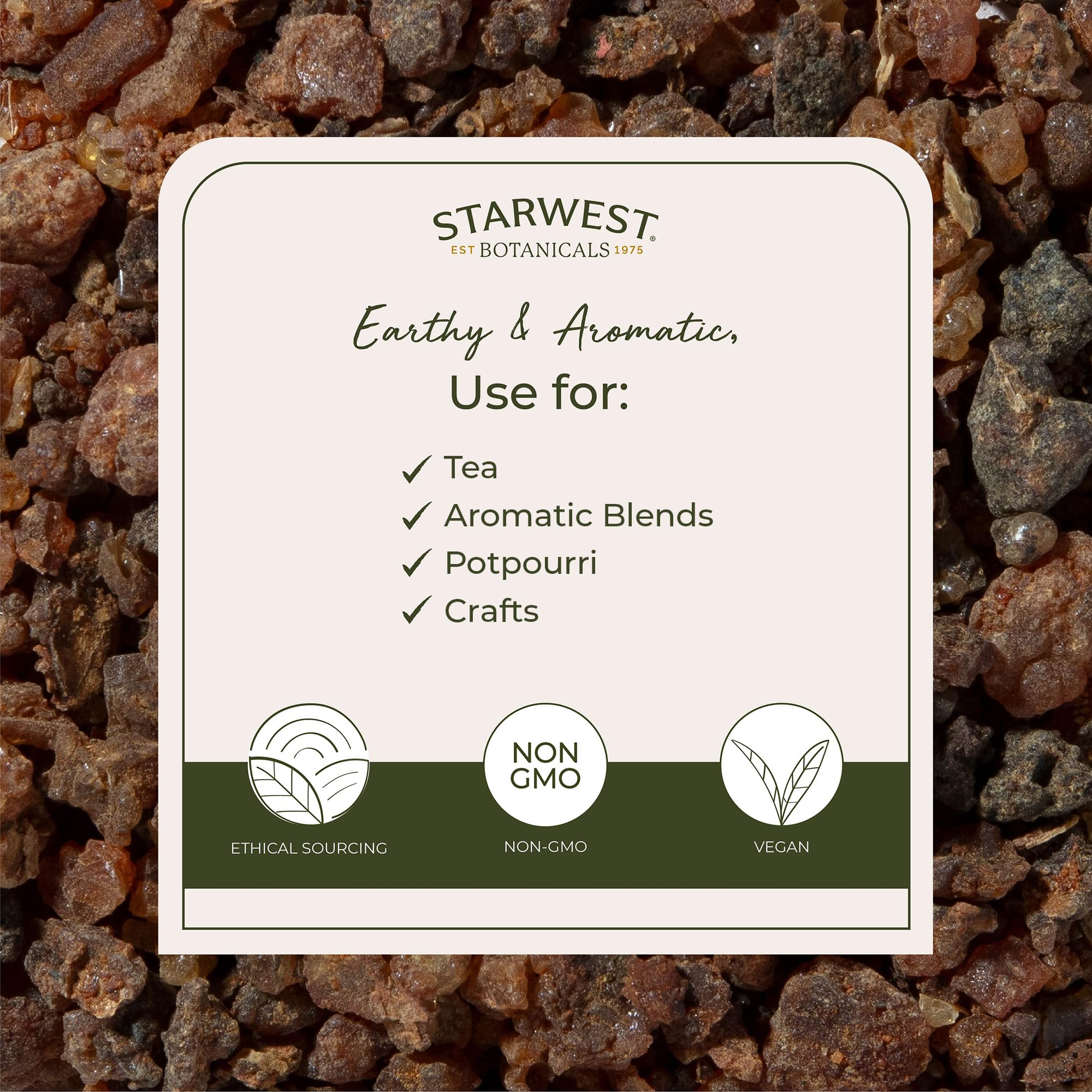 Starwest Botanicals myrrh gum potpourri pieces add rustic fragrance.