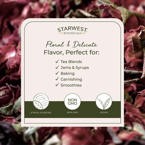 Starwest Botanicals rose buds in tea setup showcase delicate aroma and color.