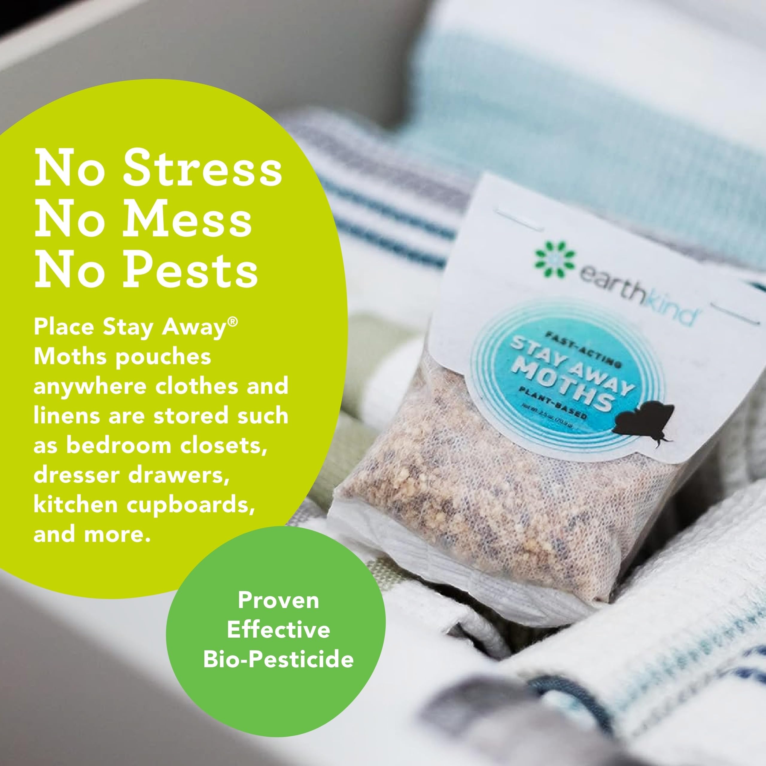 Stay Away EarthKind Moths cabinet pouch offers plant-based moth deterrence for stored goods.