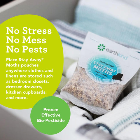 Stay Away EarthKind Moths cabinet pouch offers plant-based moth deterrence for stored goods.
