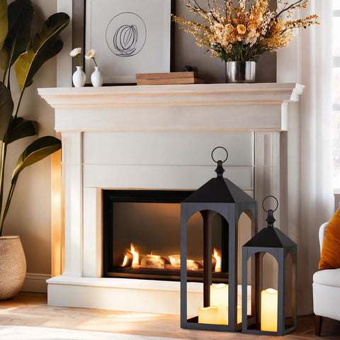 Staymoment lantern on fireplace mantel adding warm ambience to living spaces.