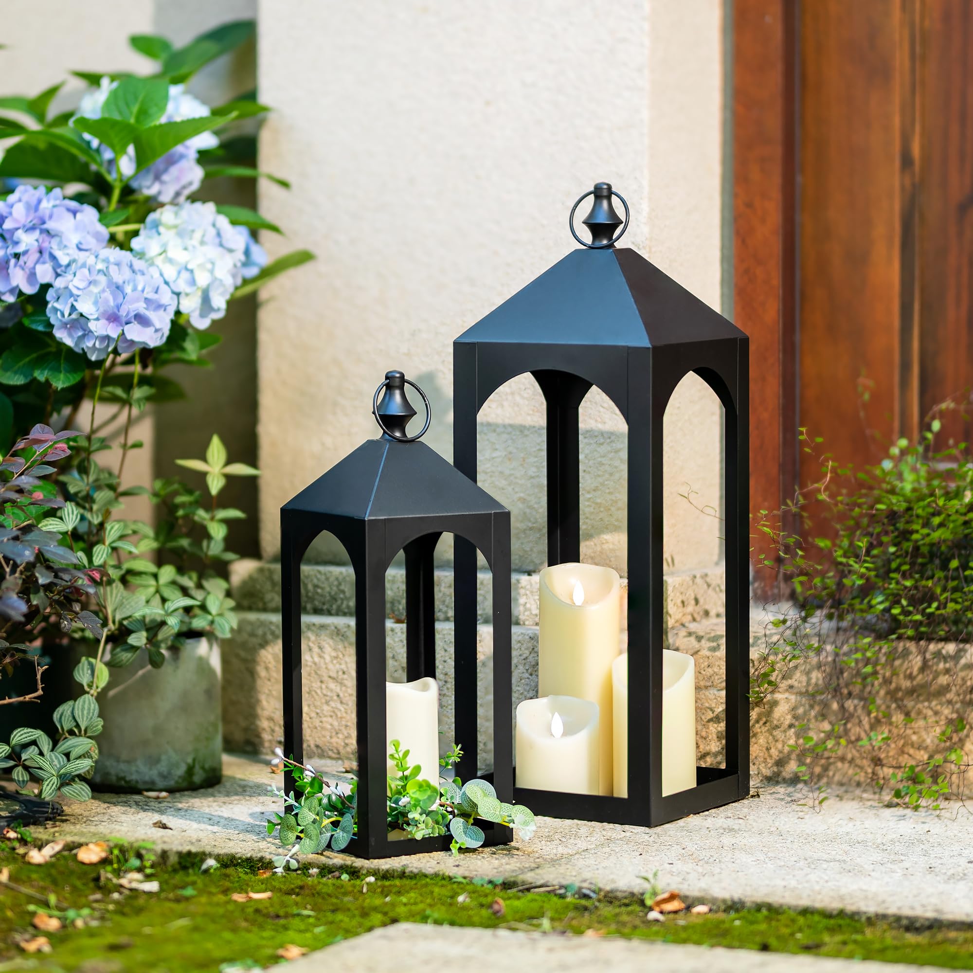 Staymoment 16-inch small outdoor lantern viewed from the side for balcony or patio use.