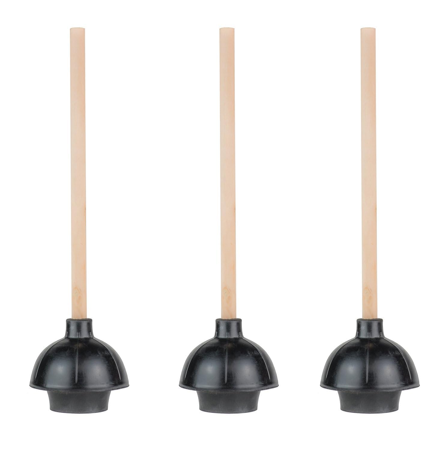SteadMax rubber toilet plunger with dual-thrust cup and 18-inch wood handle for powerful clog removal