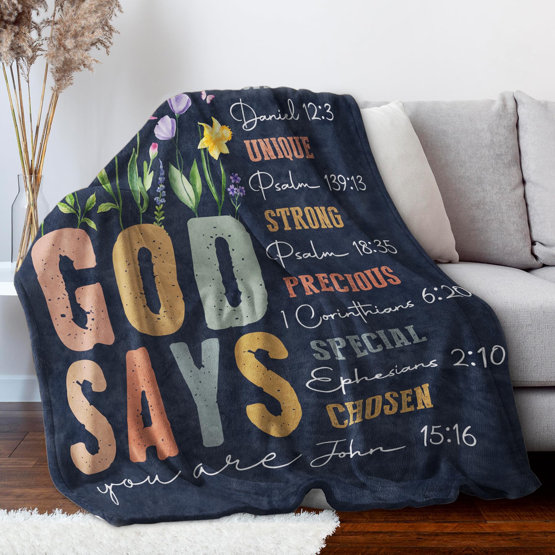 SteadStyle Christian floral throw blanket in living room adds serene decor
