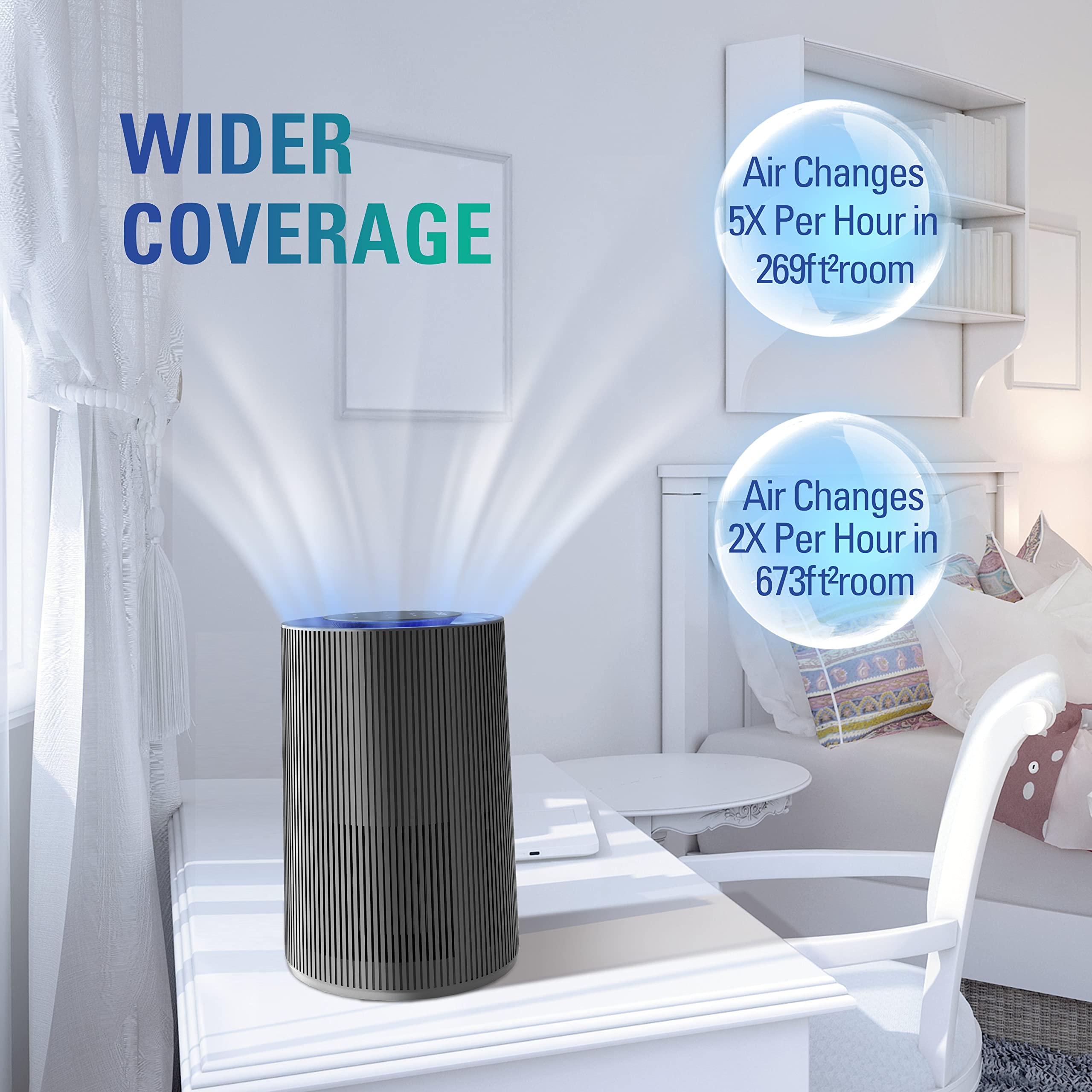 Stealth air purifier 360-degree air intake demonstrates comprehensive room purification.