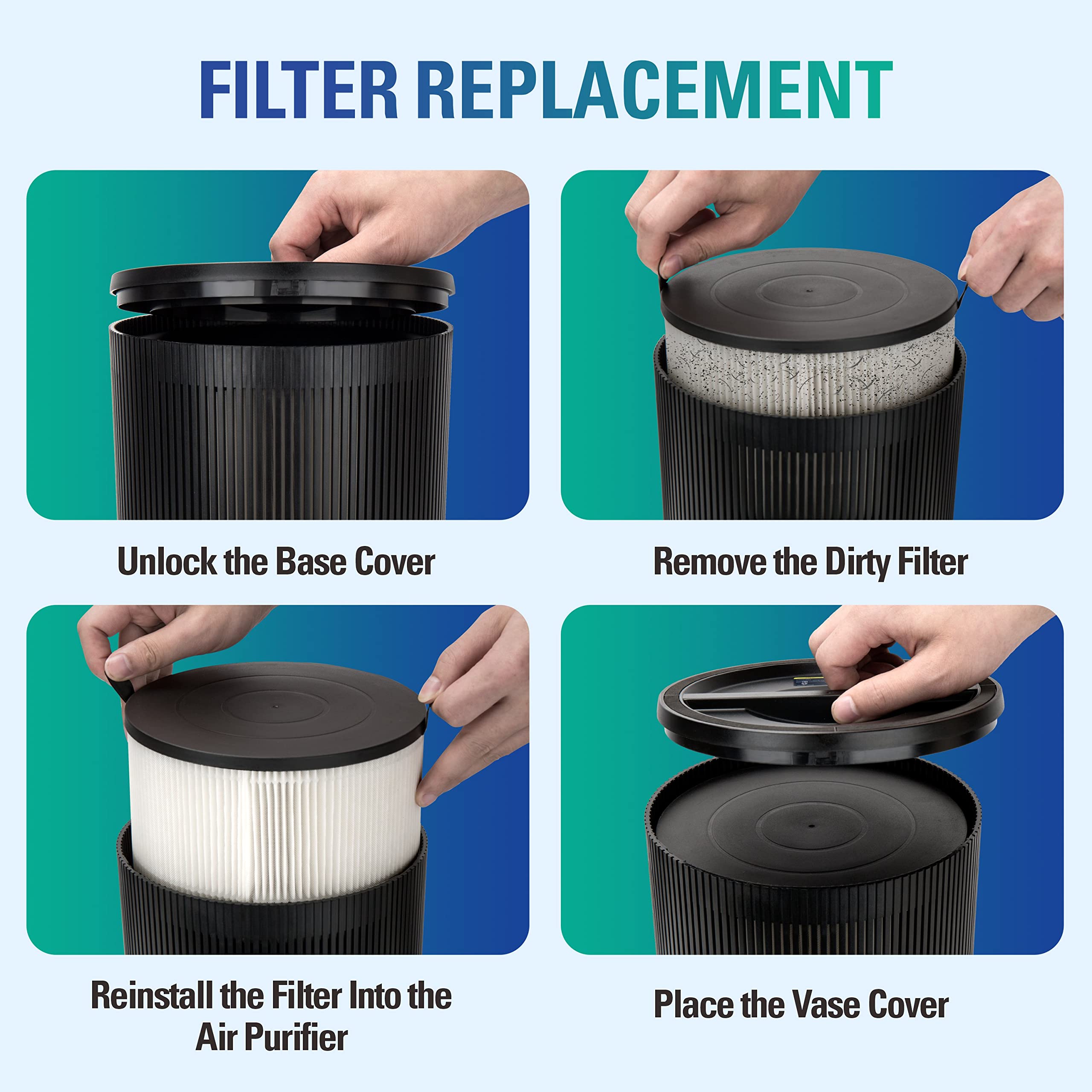 Stealth air purifier timer indicator illustrates energy-saving programmed runtimes.