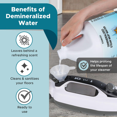 Steam & Go water in bathroom cleaning delivers streak-free floors.