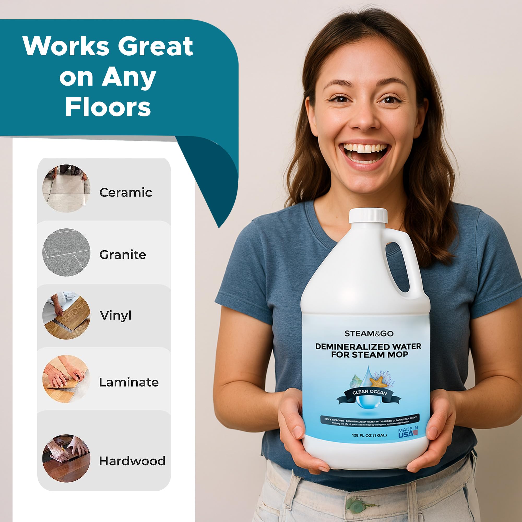 Steam & Go water used on kitchen surfaces for a streak-free shine.