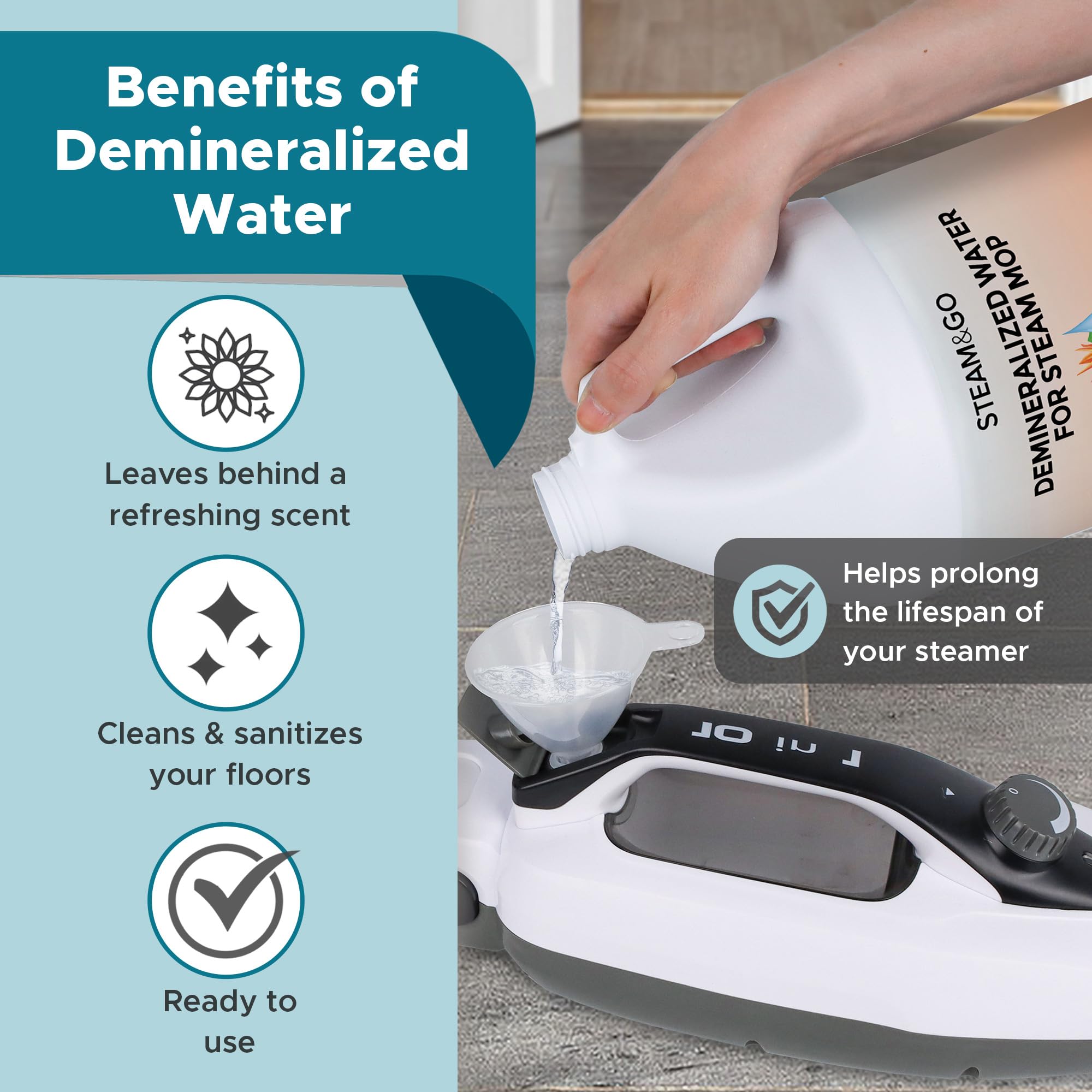 Steam & Go demineralized water for multi-surface home cleaning