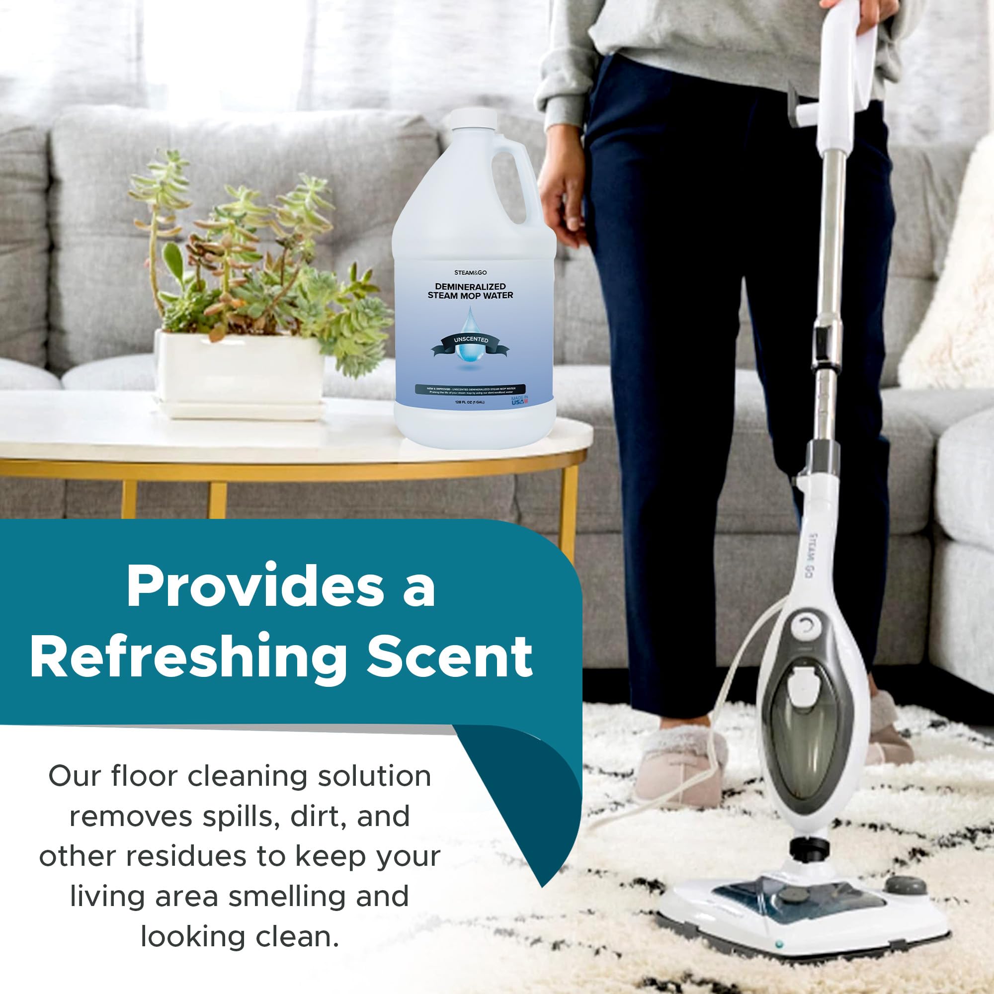 Steam and Go PVC-free cleaning formula label highlights safe, fragrance-free cleaning.