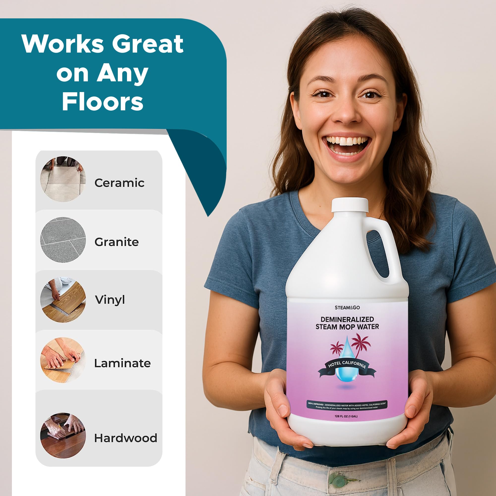 Steam and Go PVC-free formula bottle emphasizes safe, multi-surface cleaning.