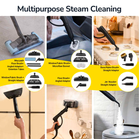 STEAMBOT unit with universal wheels and long reach for easy maneuvering.