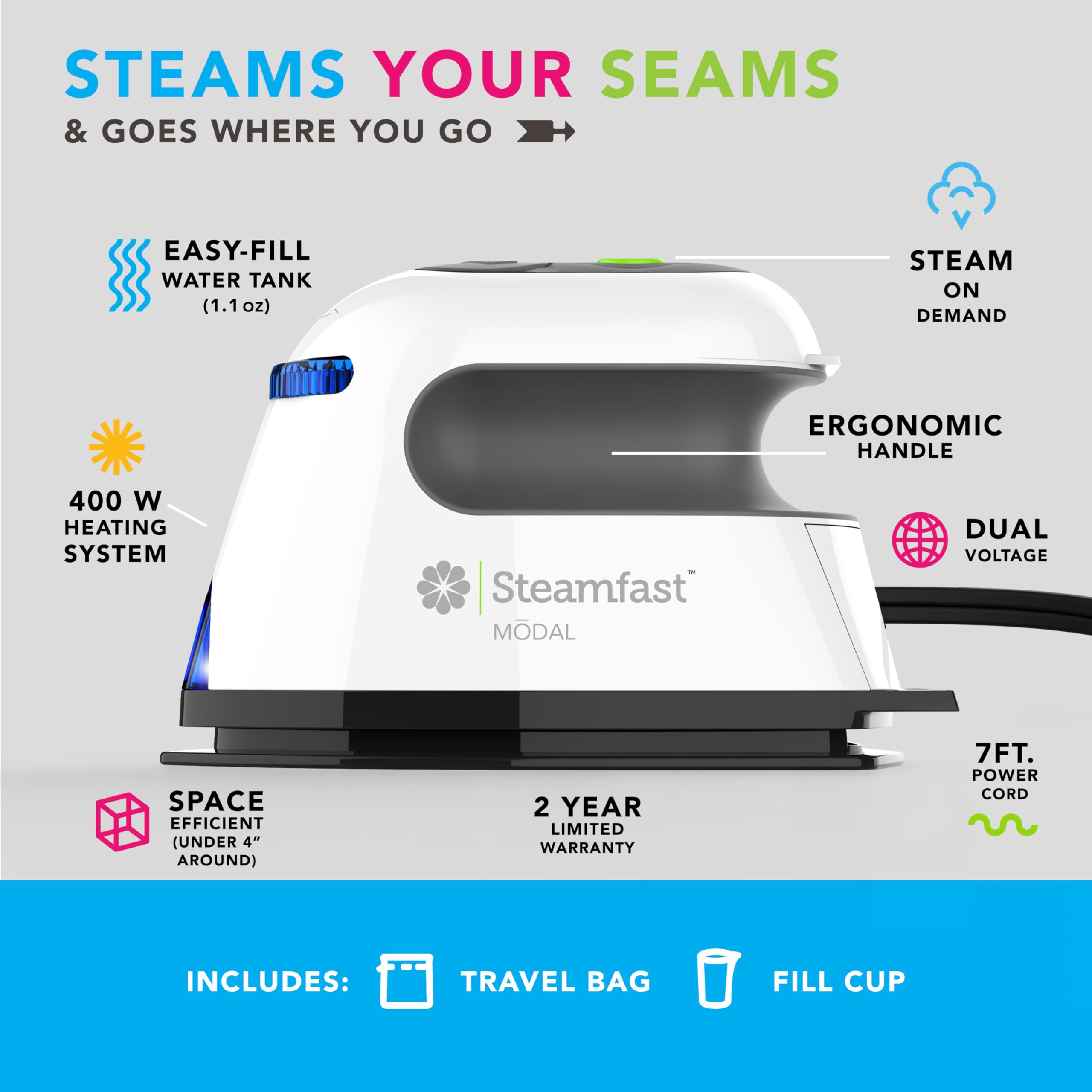 Steamfast Modal Dual-Voltage Iron showing lightweight portable form for on the go crafting.
