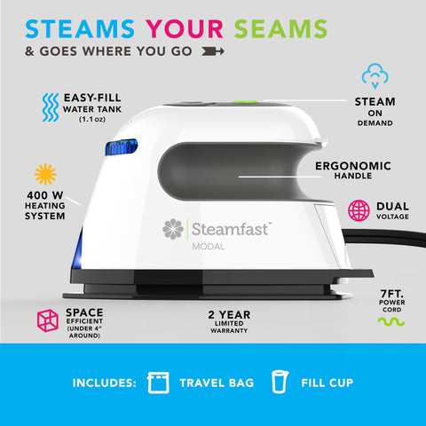 Steamfast Modal Dual-Voltage Iron showing lightweight portable form for on the go crafting.