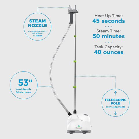 Steamfast SF-407 shows 40-ounce water tank for longer steaming sessions.