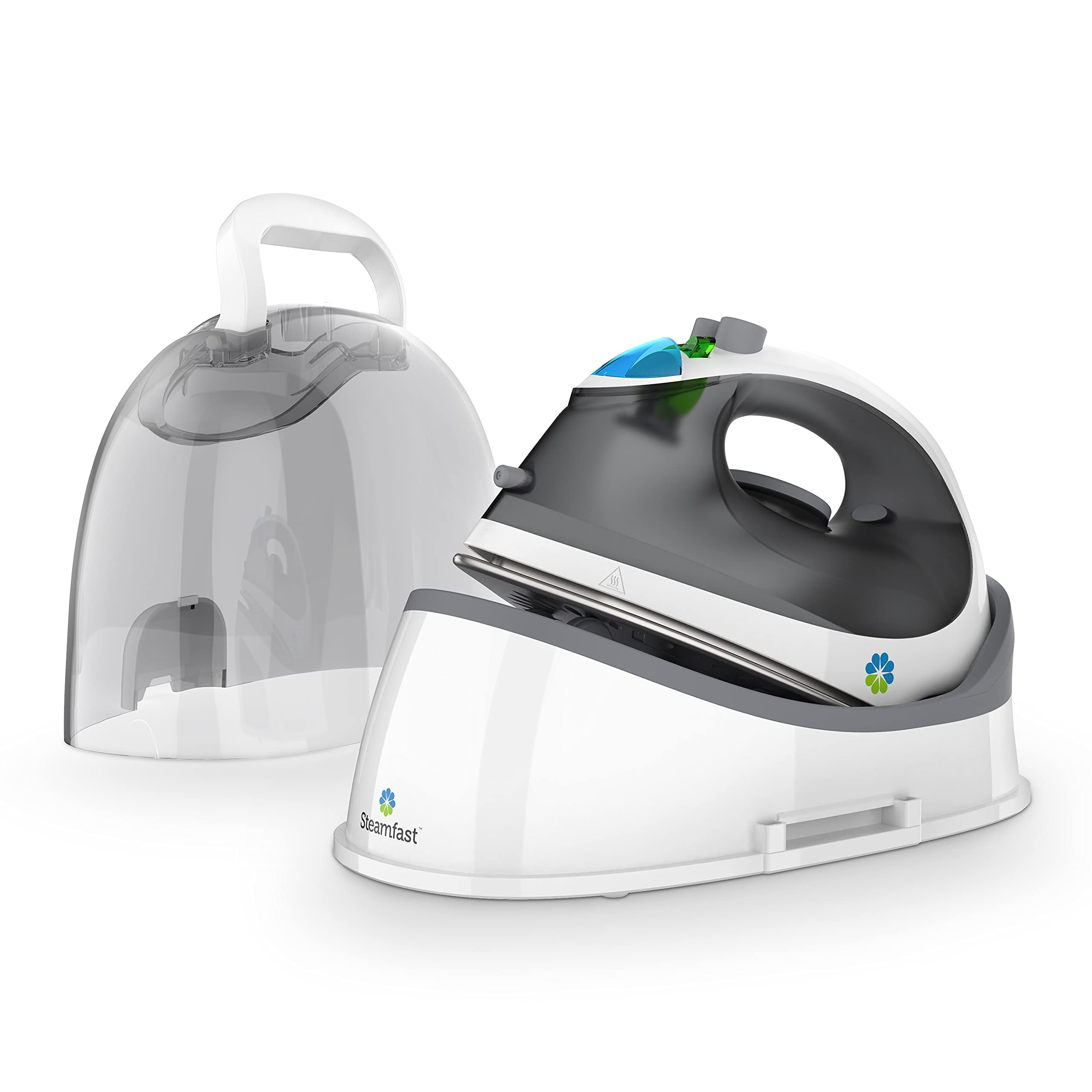 Steamfast SF-760 cordless steam iron ready for quick wrinkle removal on fabric.