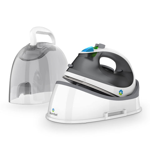 Steamfast SF-760 cordless steam iron ready for quick wrinkle removal on fabric.