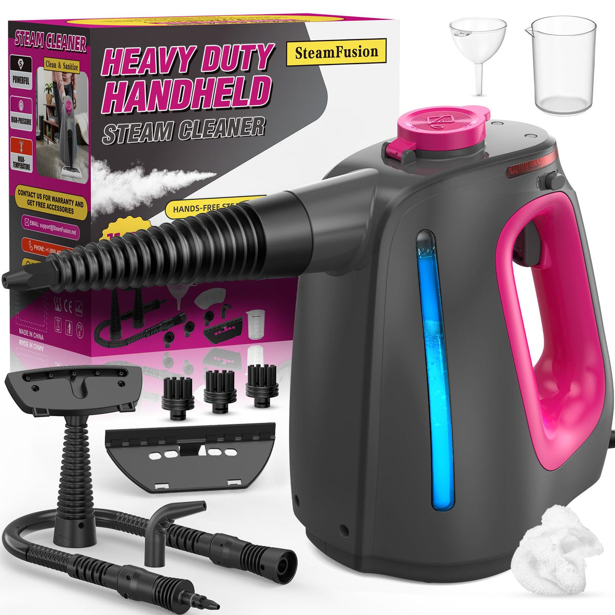 SteamFusion heavy-duty handheld steam cleaner, front view in purple for powerful cleaning
