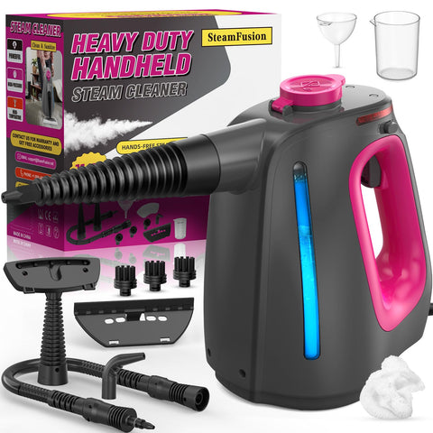 SteamFusion heavy-duty handheld steam cleaner, front view in purple for powerful cleaning