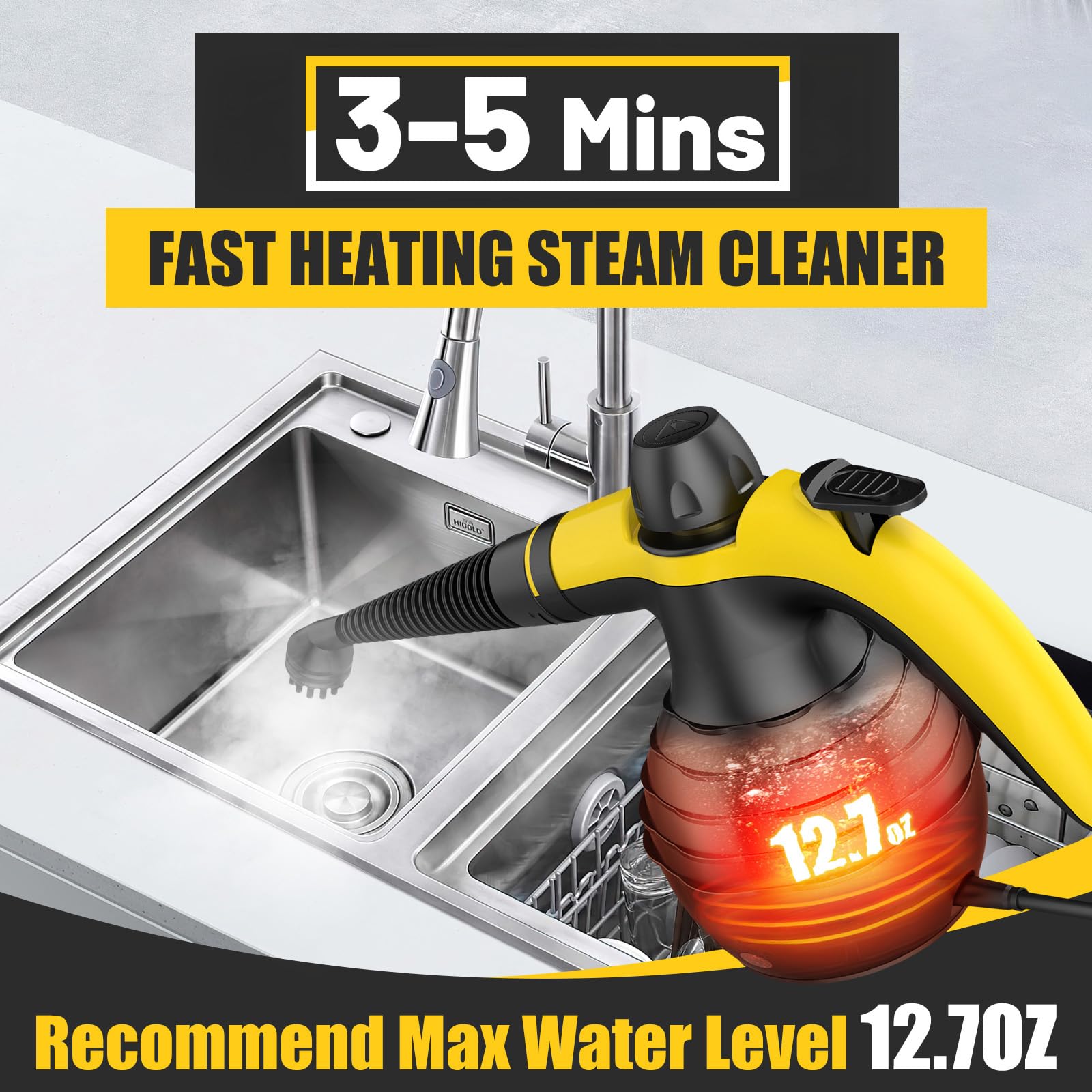 SteamWise angled nozzle targets tight corners for precise steam cleaning.