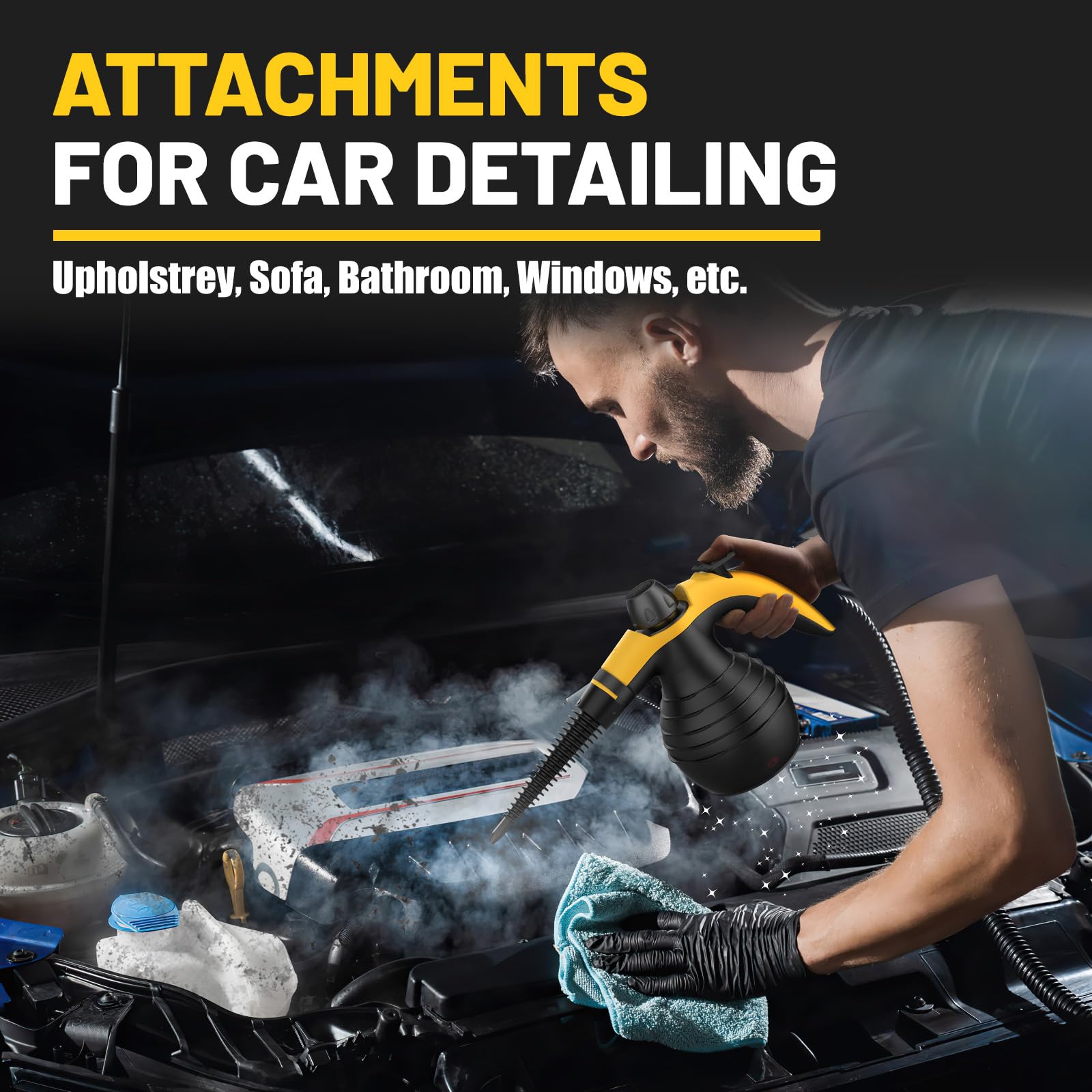 SteamWise car-cleaning attachment for interior surfaces with safe, effective steam.