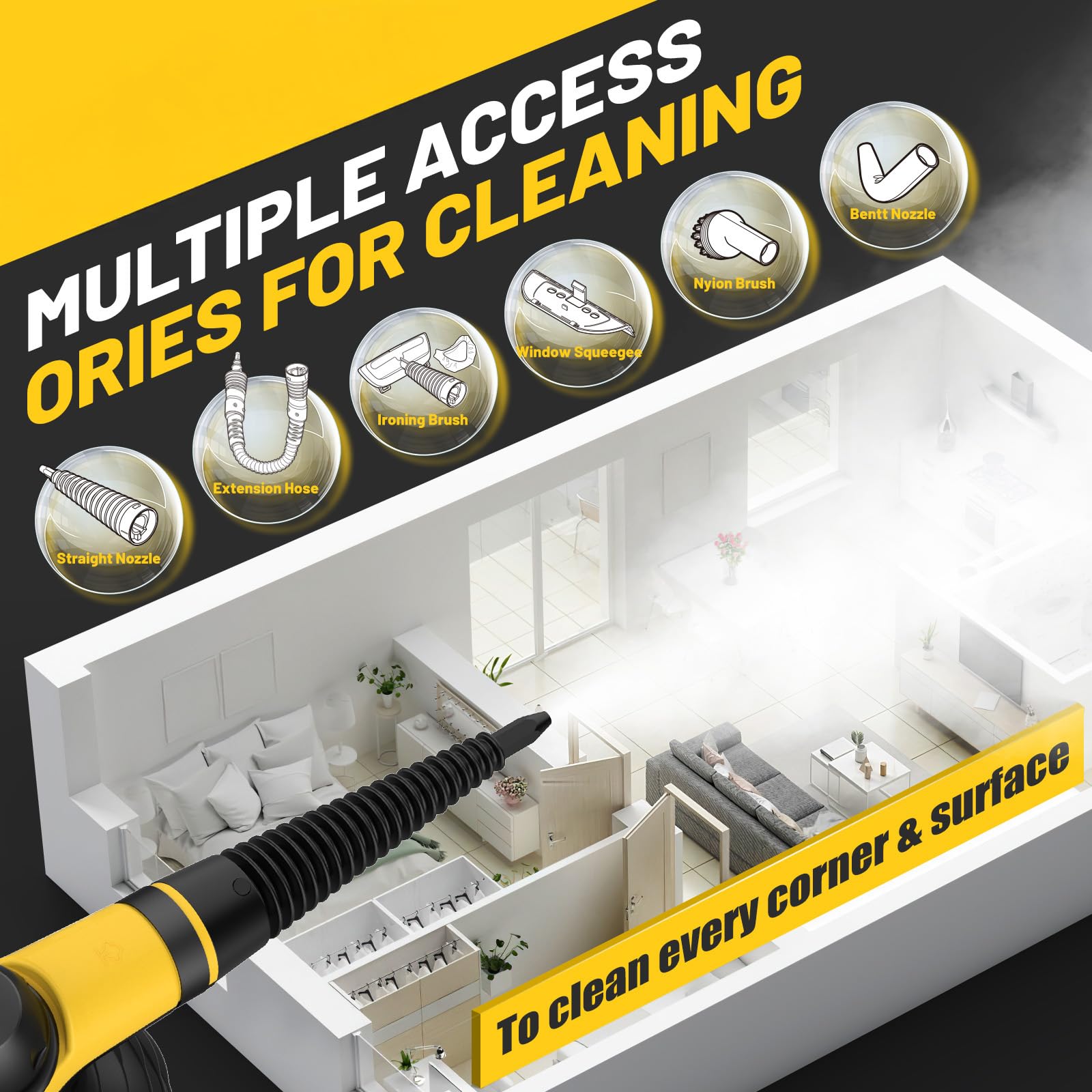 SteamWise rubber wiper cleans windows and doors without streaks.