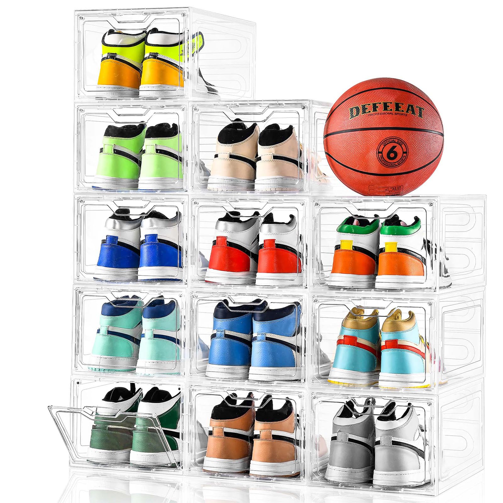 Stebopum 12-pack clear shoe boxes with magnetic door for quick sneaker access.