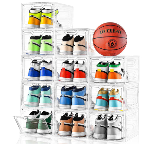 Stebopum 12-pack clear shoe boxes with magnetic door for quick sneaker access.