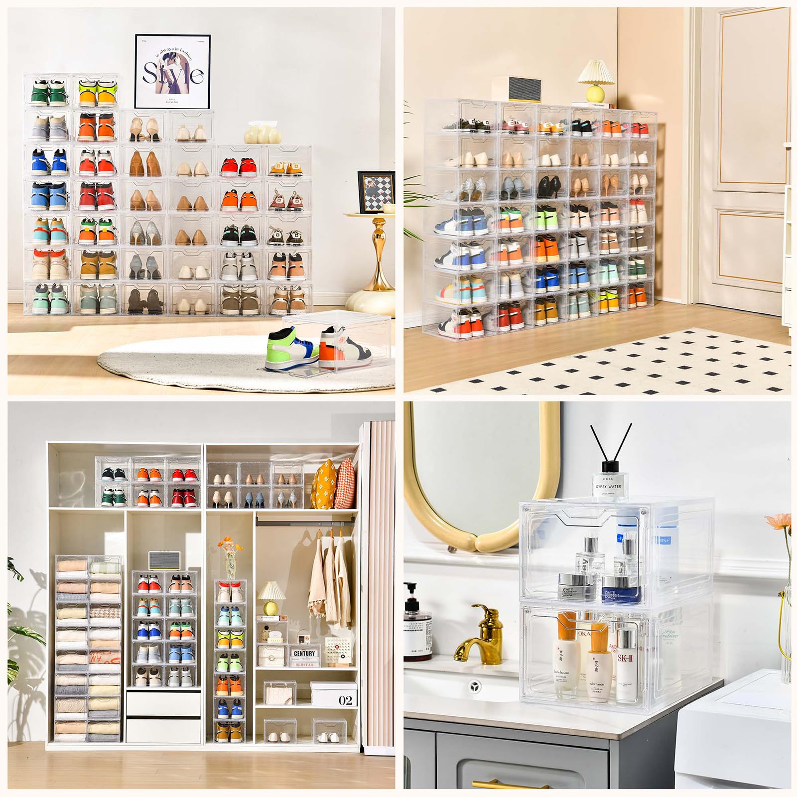 Stebopum multipurpose shoe storage for sneakers, heels, and seasonal outfits.