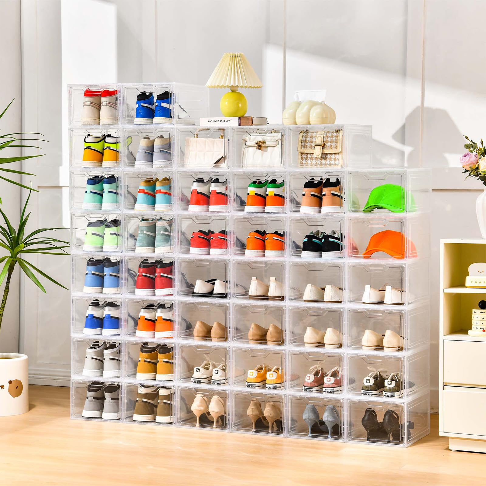 Stebopum stackable shoe boxes with lids save closet space and organize efficiently.
