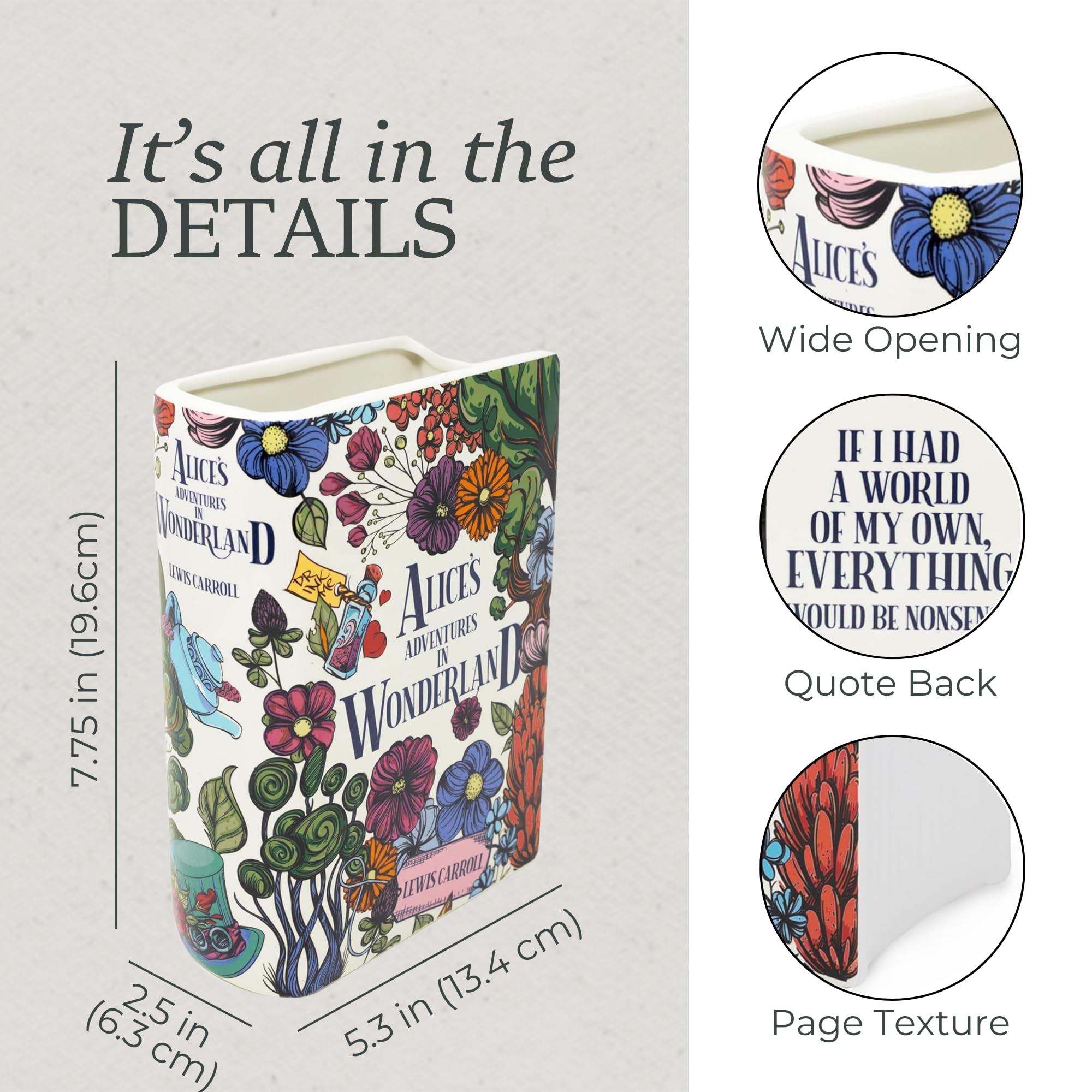 Steel Mill and Co floral nonsense-inspired vase evokes playful Alice decor.