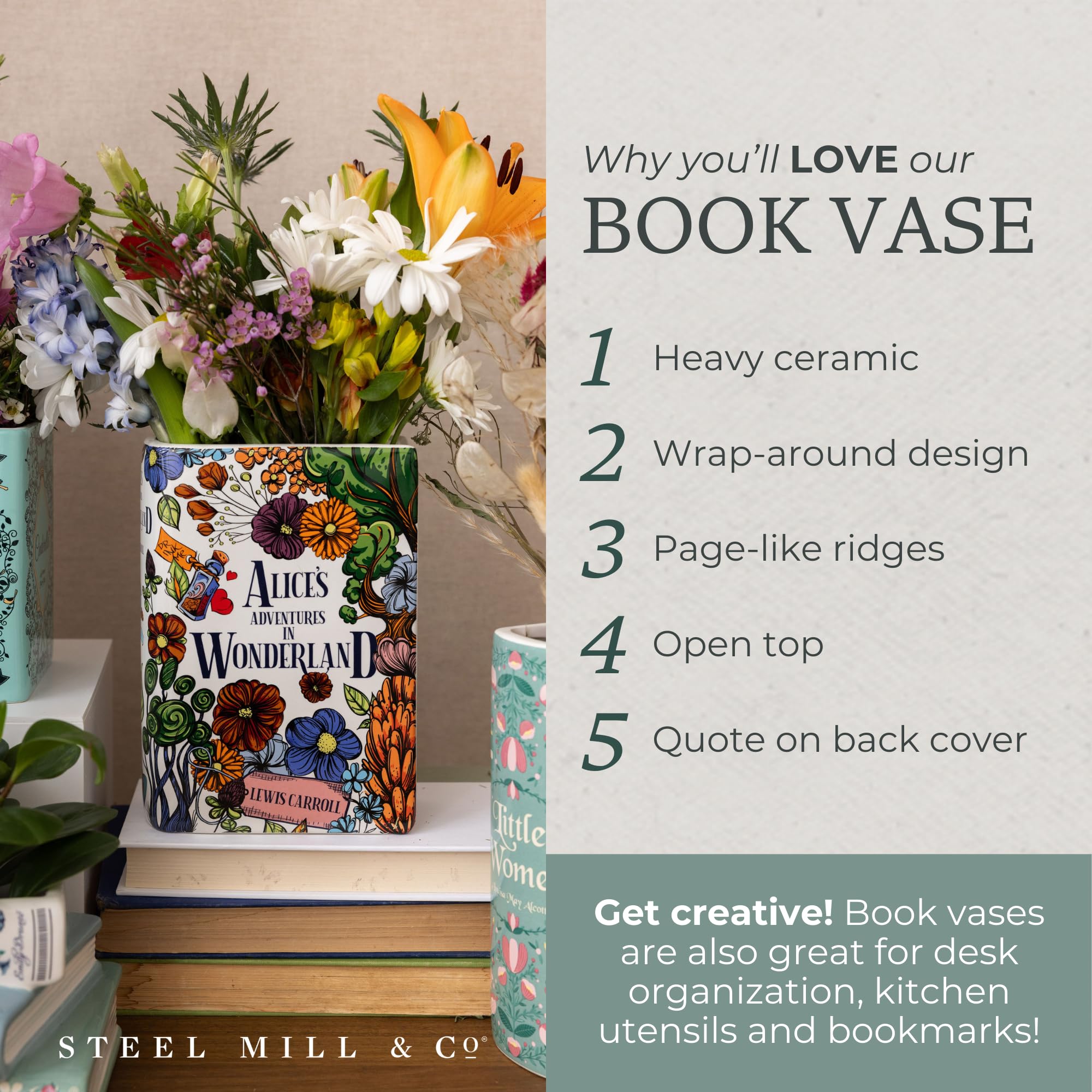 Steel Mill and Co wrap-around vase design enhances desks and shelves.