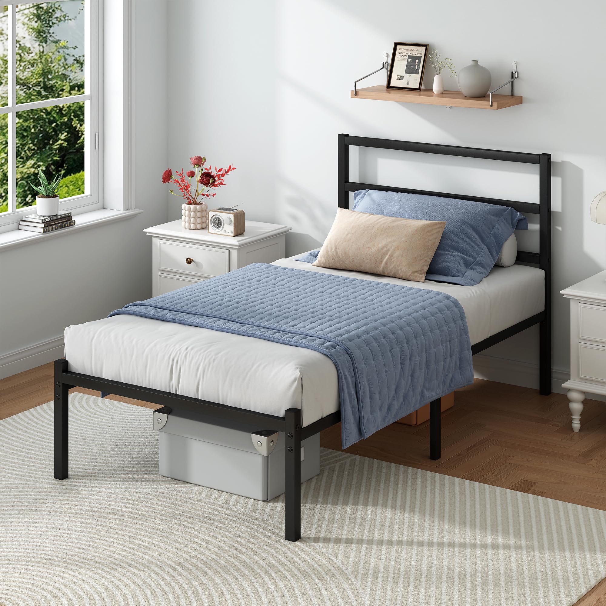 Steel Verve twin bed footboard complements a secure frame with a sleek look.