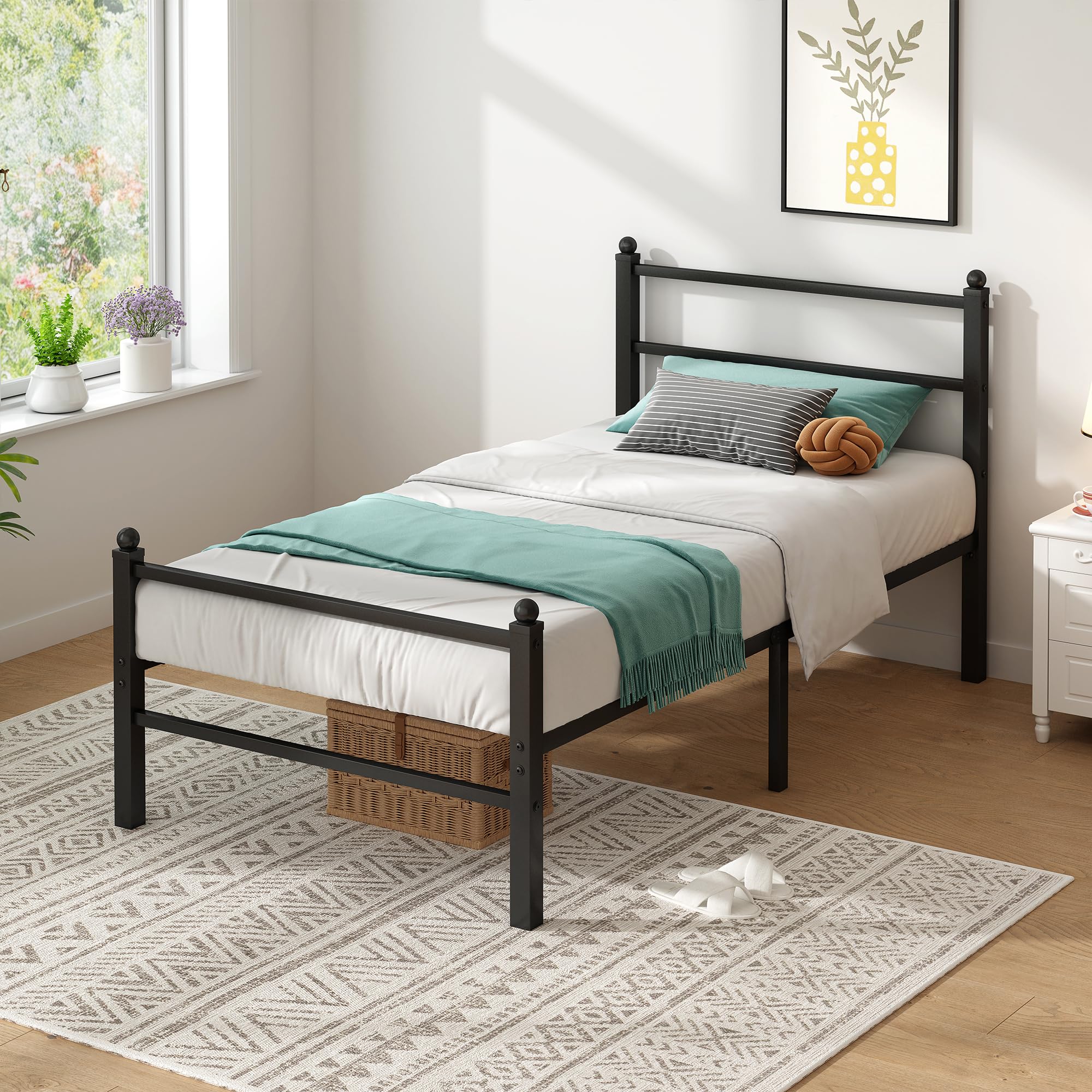 Steel Verve twin bed frame footboard angle highlights easy entry and sleek look.