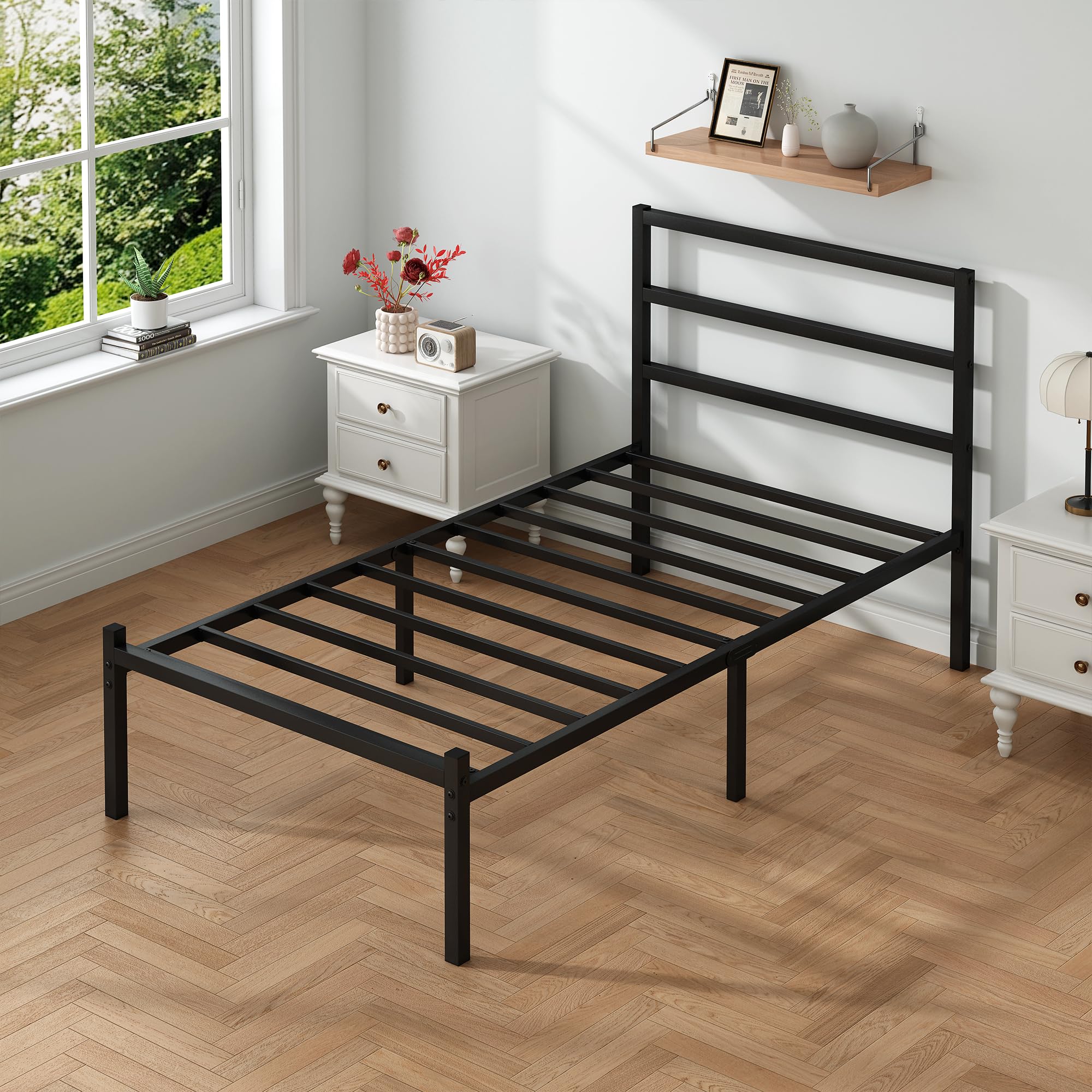 Steel Verve twin bed frame designed for box-spring-free, low-profile setup.