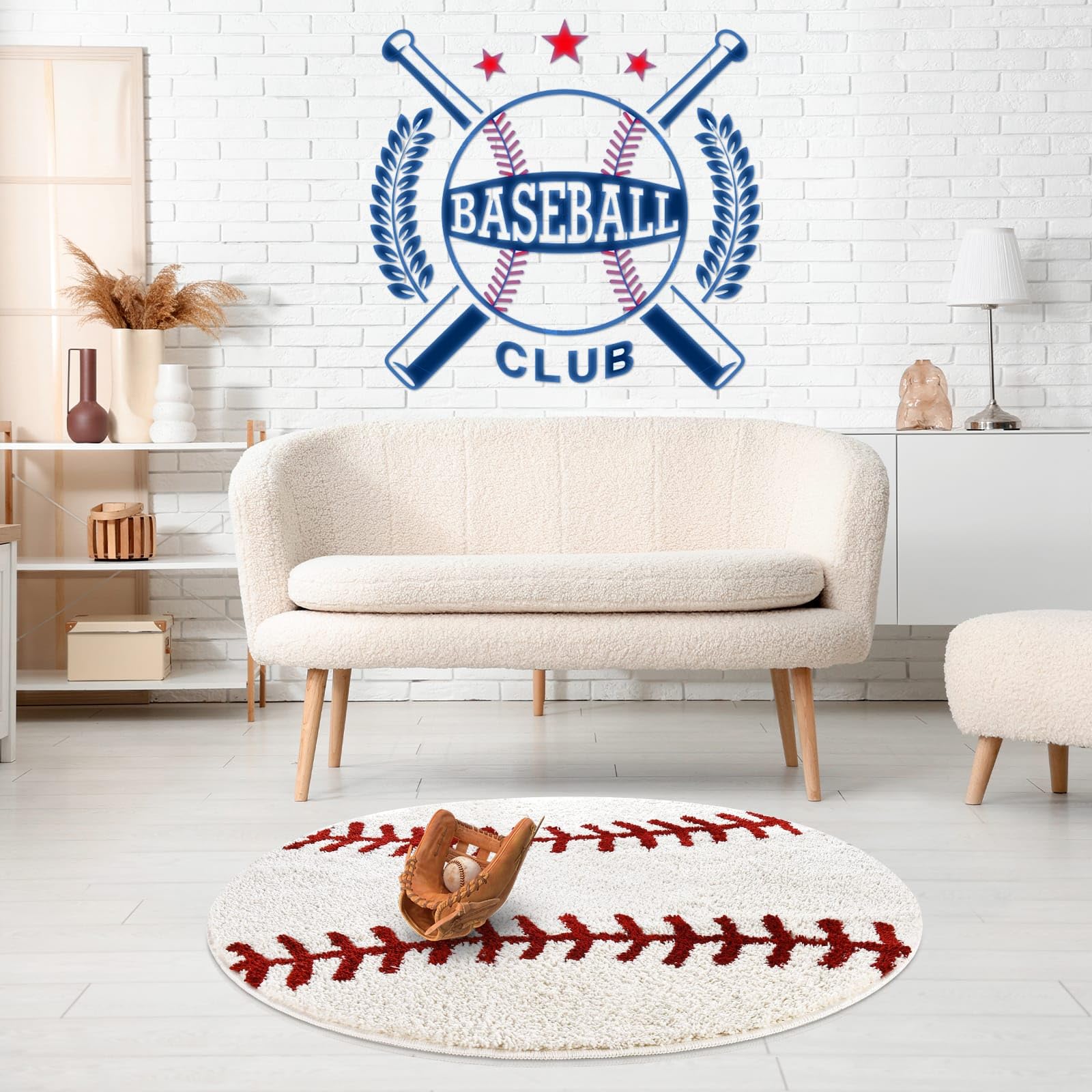 STEF Baseball Rug Round fits 36-inch spaces, ideal for bedrooms and playrooms