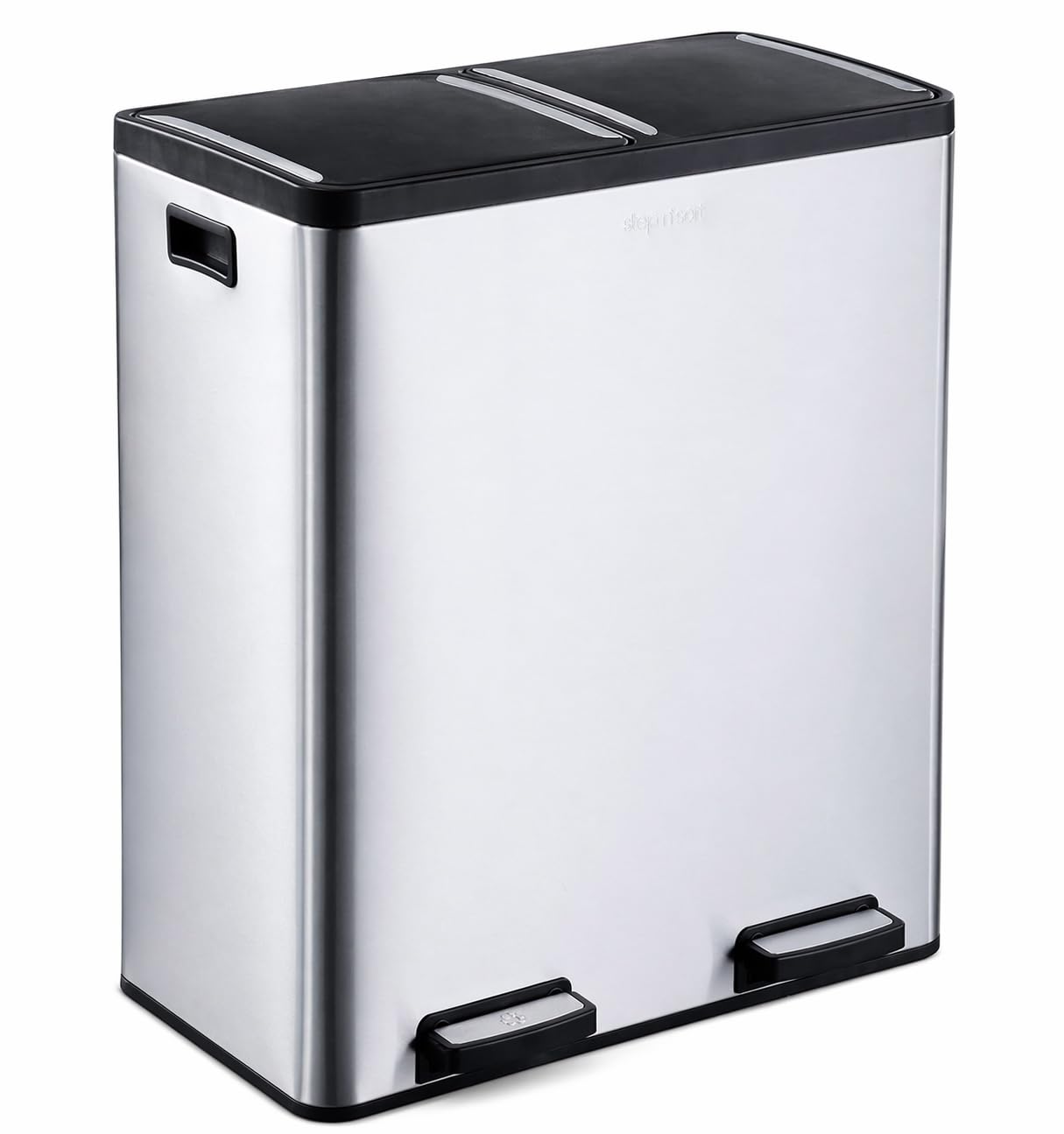 Step N' Sort dual-compartment bin front view for easy recycling and waste separation.