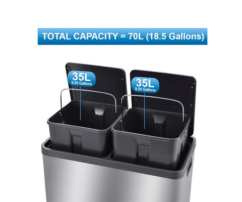 Step N' Sort hands-free dual-pedal mechanism keeps hands clean in the kitchen.