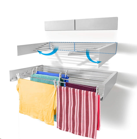Step Up wall-mounted drying rack extended for generous laundry space.