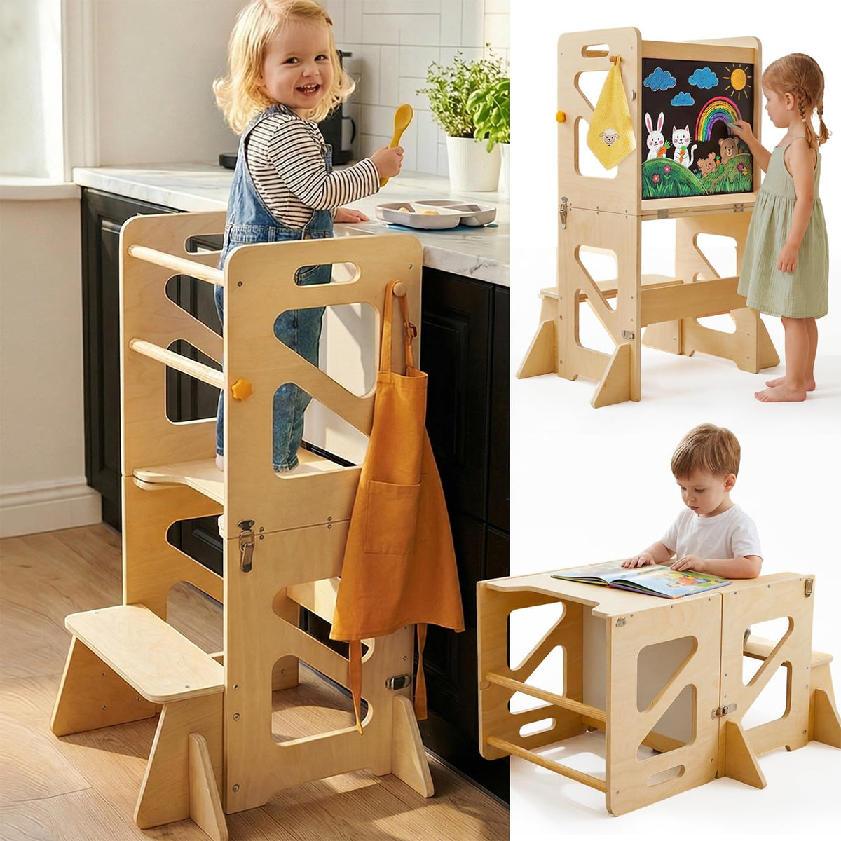 STEPLAY Toddler Kitchen Stool folded for compact storage and easy stowaway in small kitchens