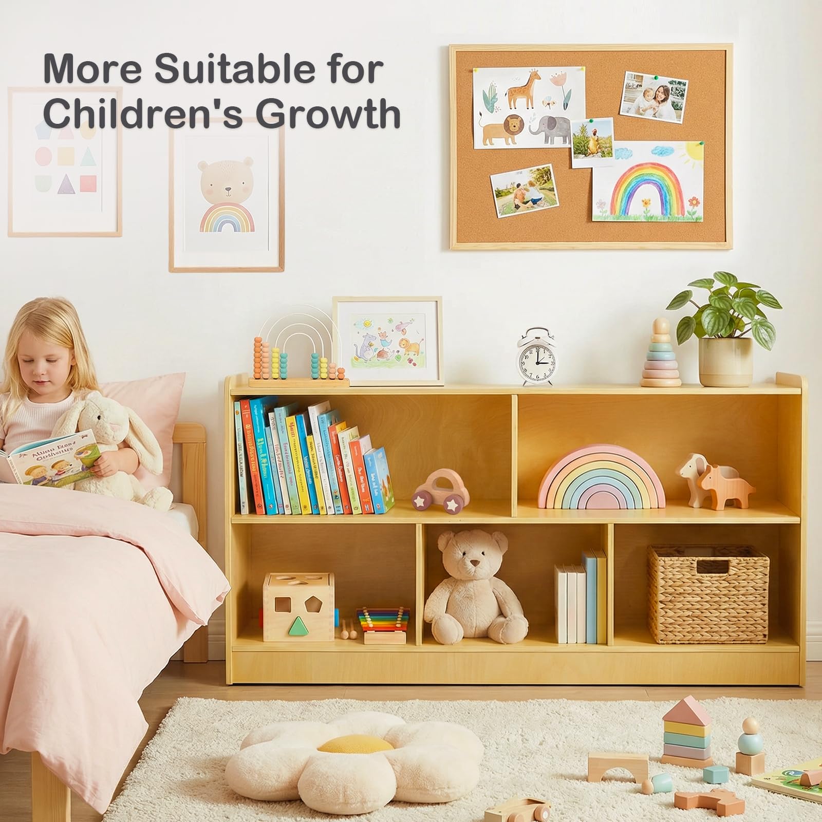 STEPLAY five-section cabinet displaying toys, books, and art supplies in reach-friendly compartments.