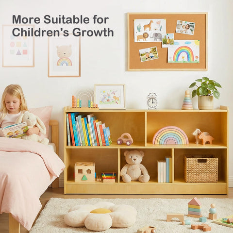 STEPLAY five-section cabinet displaying toys, books, and art supplies in reach-friendly compartments.