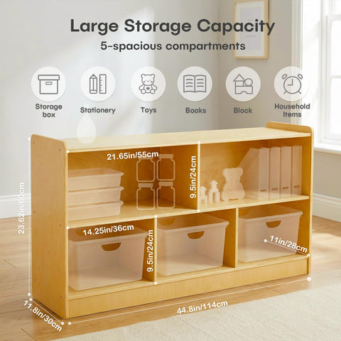 STEPLAY two-tier shelf showcasing easy reach for little ones and daily organization.