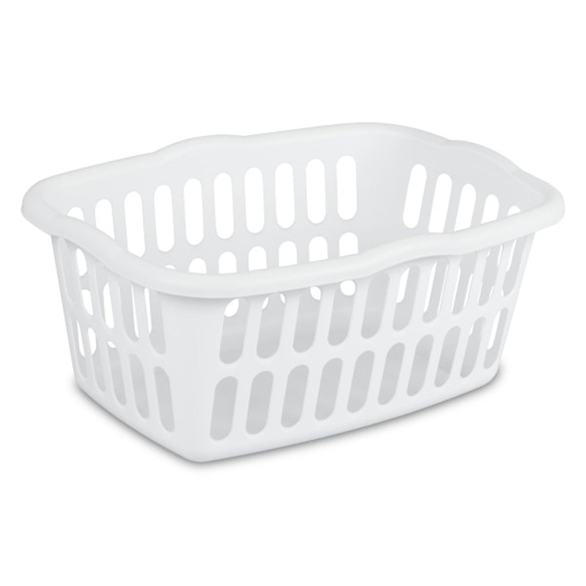 Sterilite 12-pack rectangular laundry basket front view with easy-carry handles for transport.