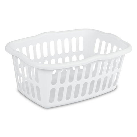 Sterilite 12-pack rectangular laundry basket front view with easy-carry handles for transport.