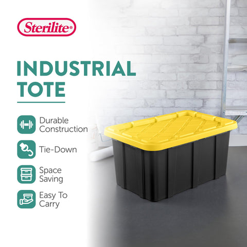 Sterilite 17 Gal Industrial Tote lid snap-fit keeps contents secure during transport.